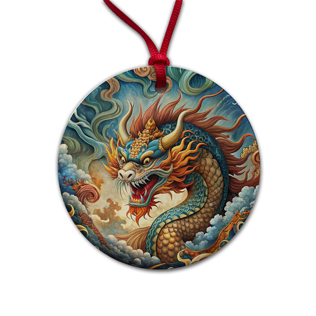 Japanese Asian Spirit Dragon Art Round Ceramic Holiday Christmas Tree Ornament