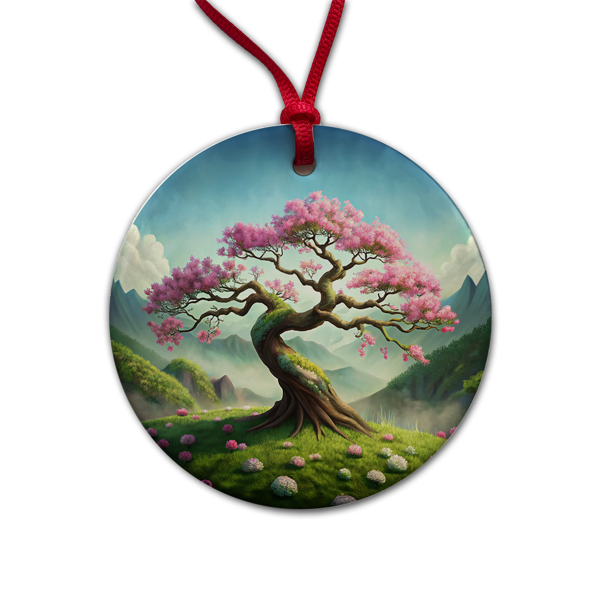 Japanese Bonsai Tree With Pink Flowers On Hillside Round Ceramic Holiday Christmas Tree Ornament