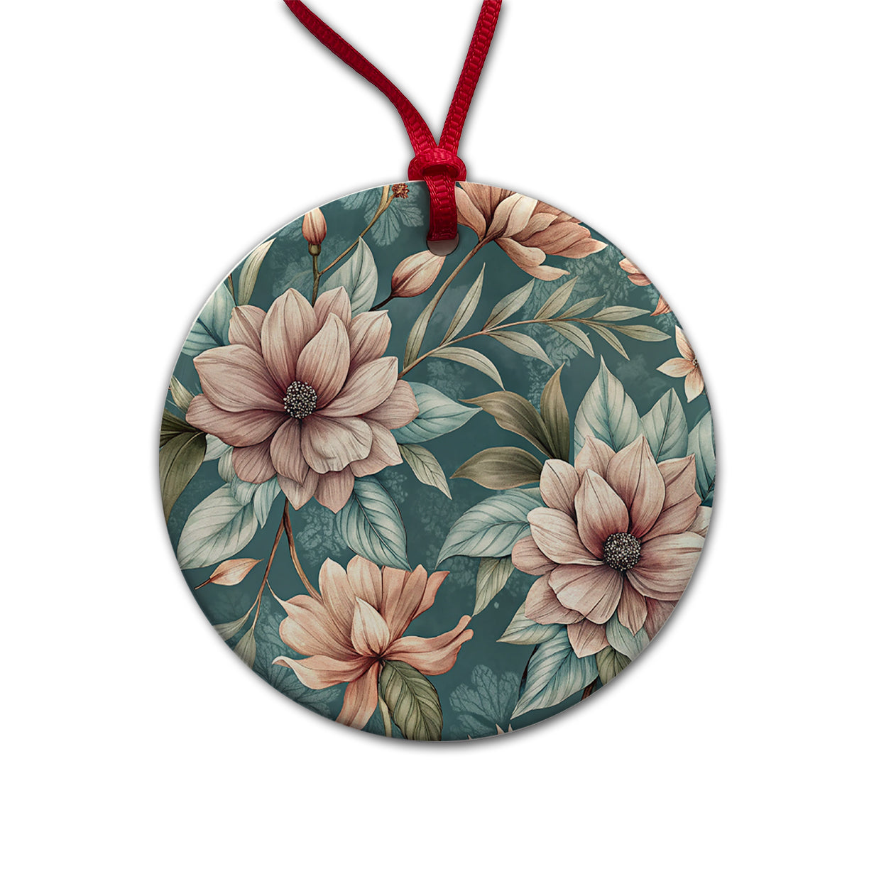 Minimalist Flowers Floral Pattern Round Ceramic Holiday Christmas Tree Ornament