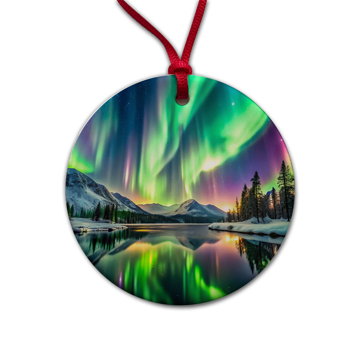 Northern Lights Over Lake Round Ceramic Holiday Christmas Tree Ornament