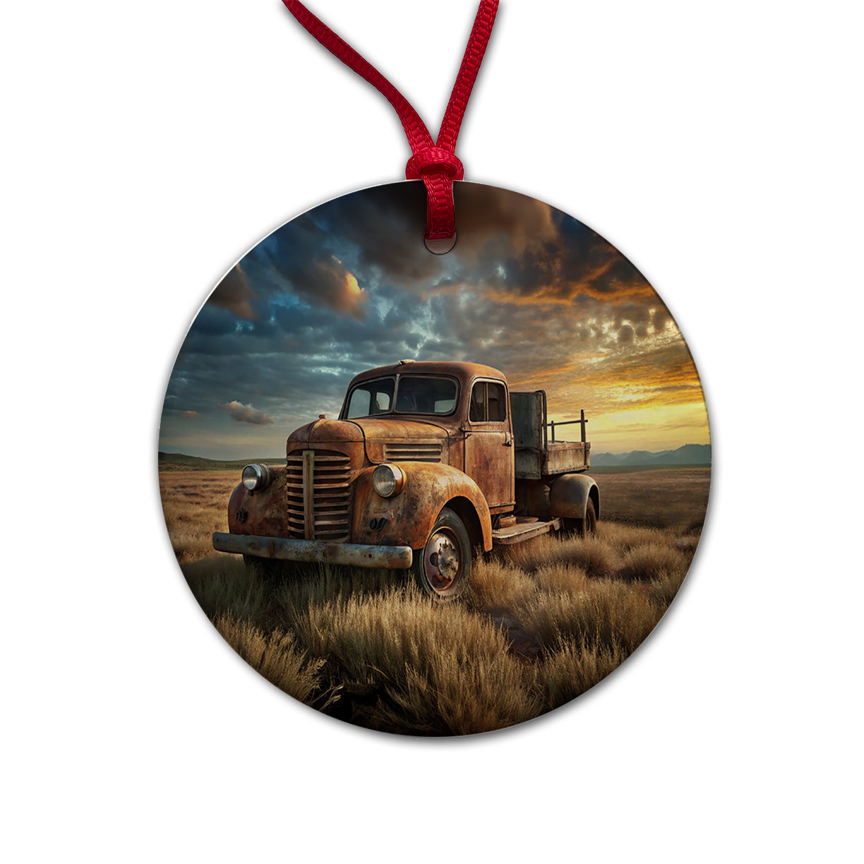 Old Rusted Retro Classic Truck Sitting In Field Round Ceramic Holiday Christmas Tree Ornament