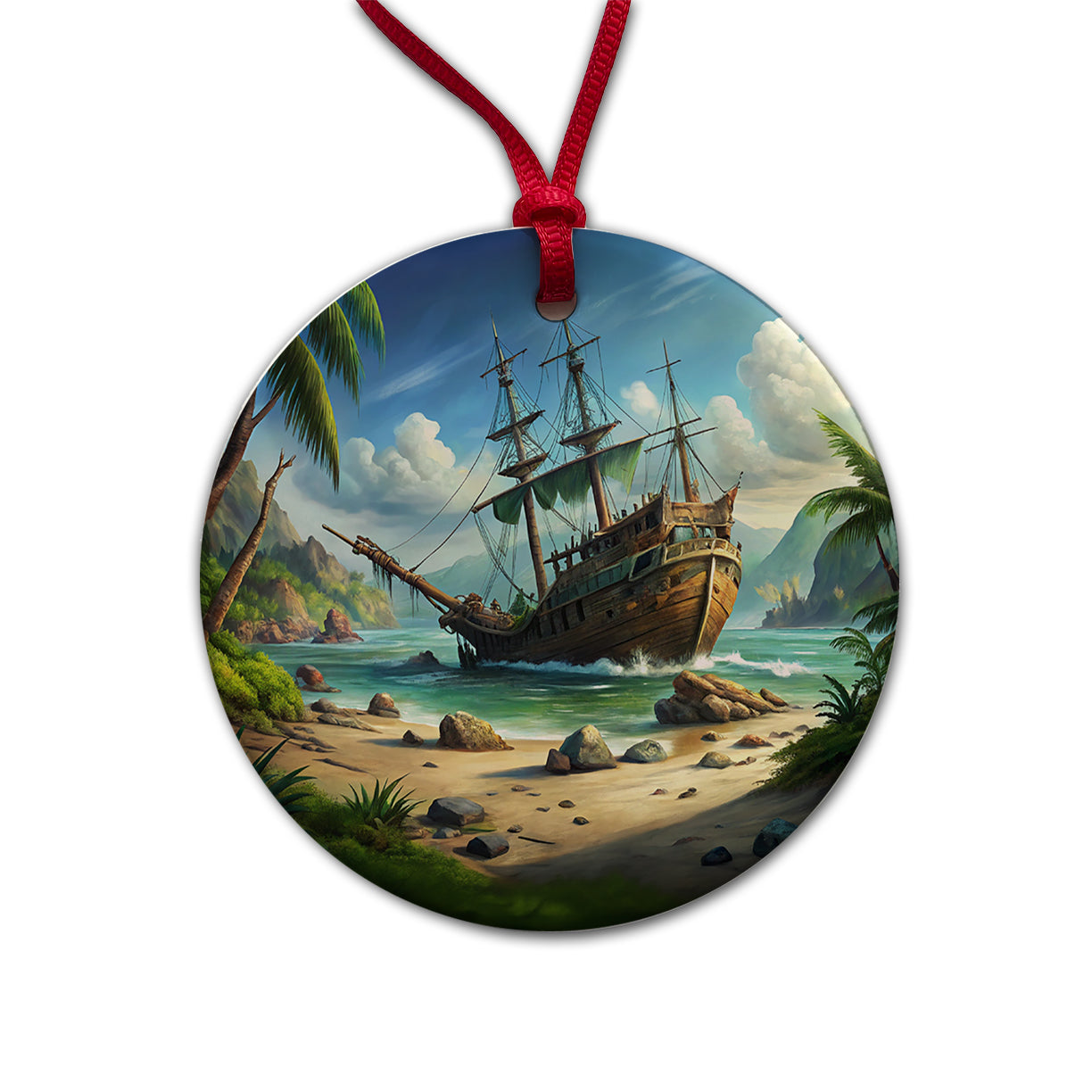 Pirate Sailing Ship Shipwreck Round Ceramic Holiday Christmas Tree Ornament