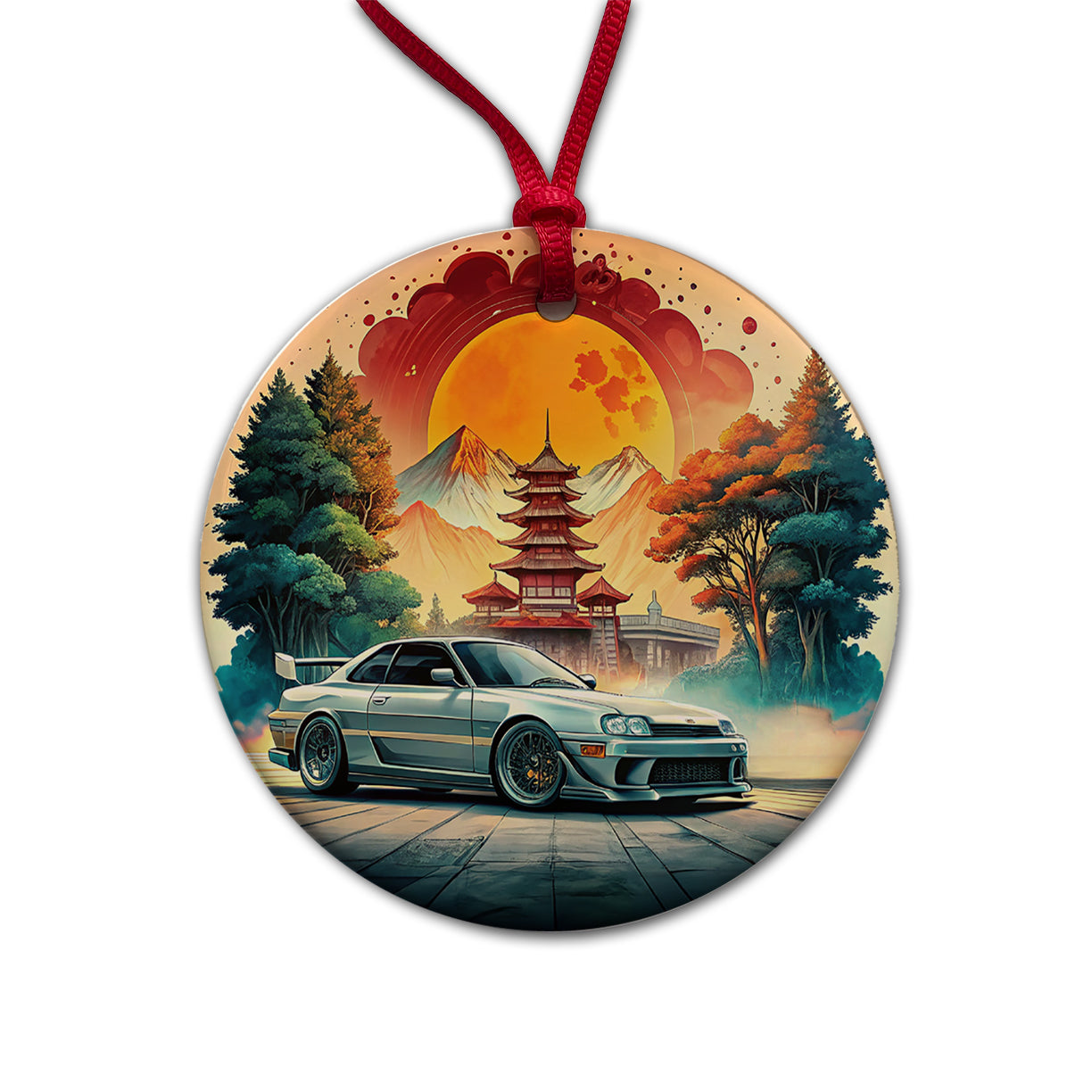Retro Classic JDM Tuner Car Art Round Ceramic Holiday Christmas Tree Ornament