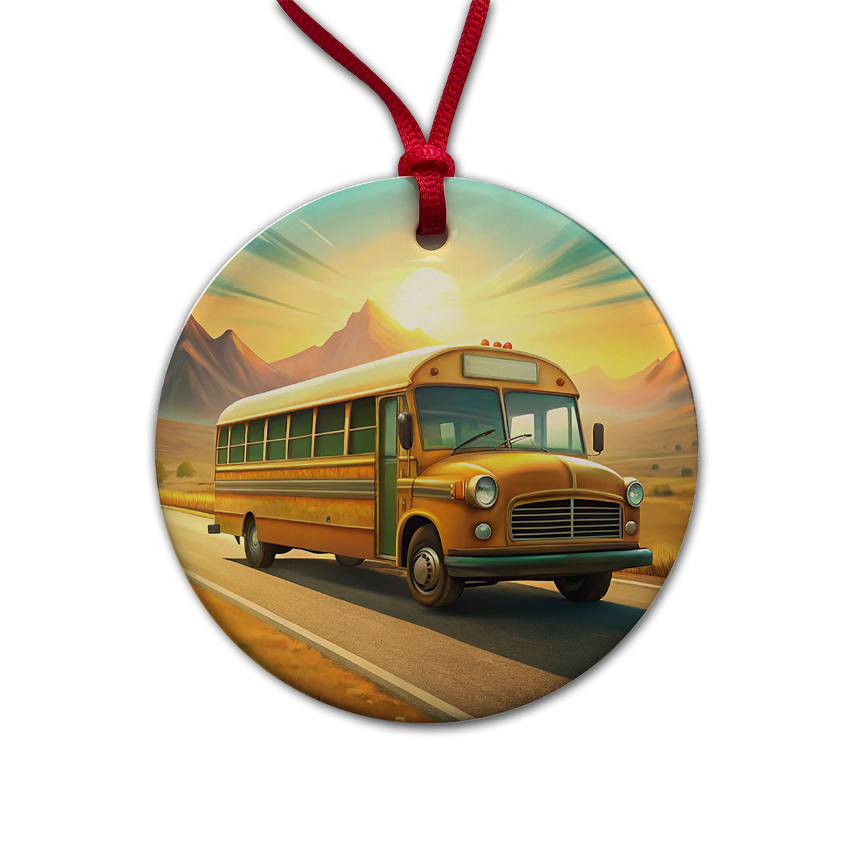 Retro School Bus On Road Round Ceramic Holiday Christmas Tree Ornament