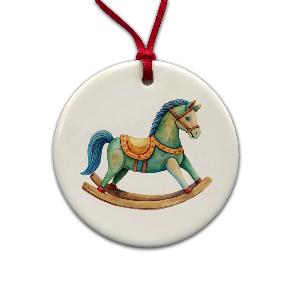 Rocking Horse For A Boy Round Ceramic Holiday Christmas Tree Ornament
