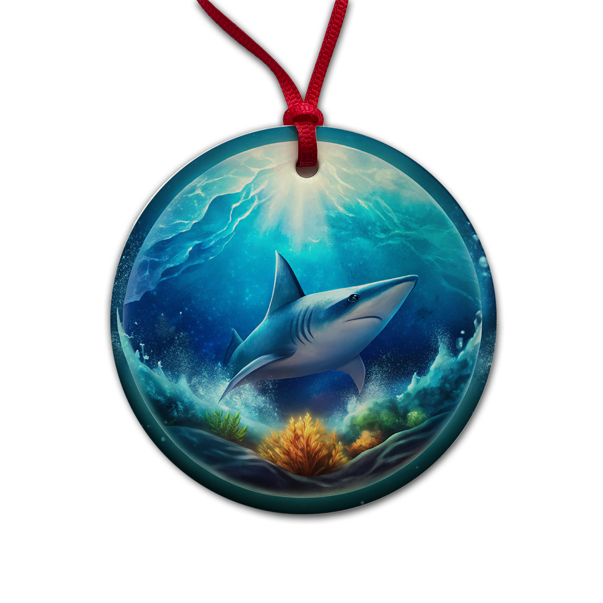 Shark Ocean Bubble Round Ceramic Holiday Christmas Tree Ornament