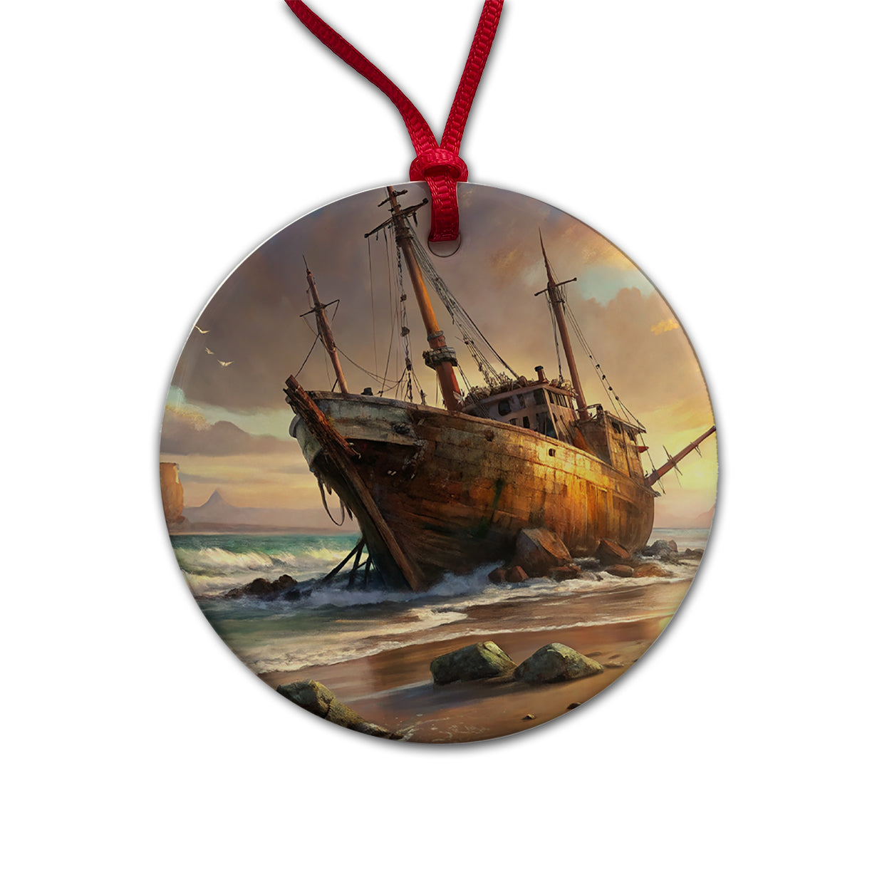 Shipwreck on the Beach Round Ceramic Holiday Christmas Tree Ornament