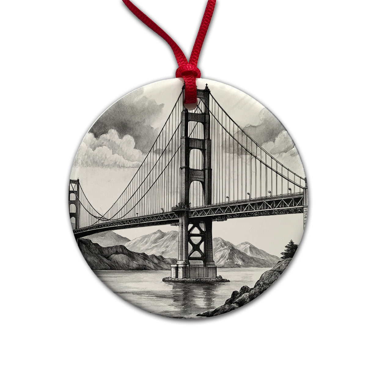 Sketch Of Golden Gate Bridge San Francisco California Round Ceramic Holiday Christmas Tree Ornament