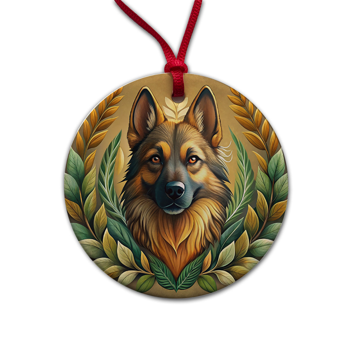 Stylized German Shepherd Illustration Leaf Design Round Ceramic Holiday Christmas Tree Ornament