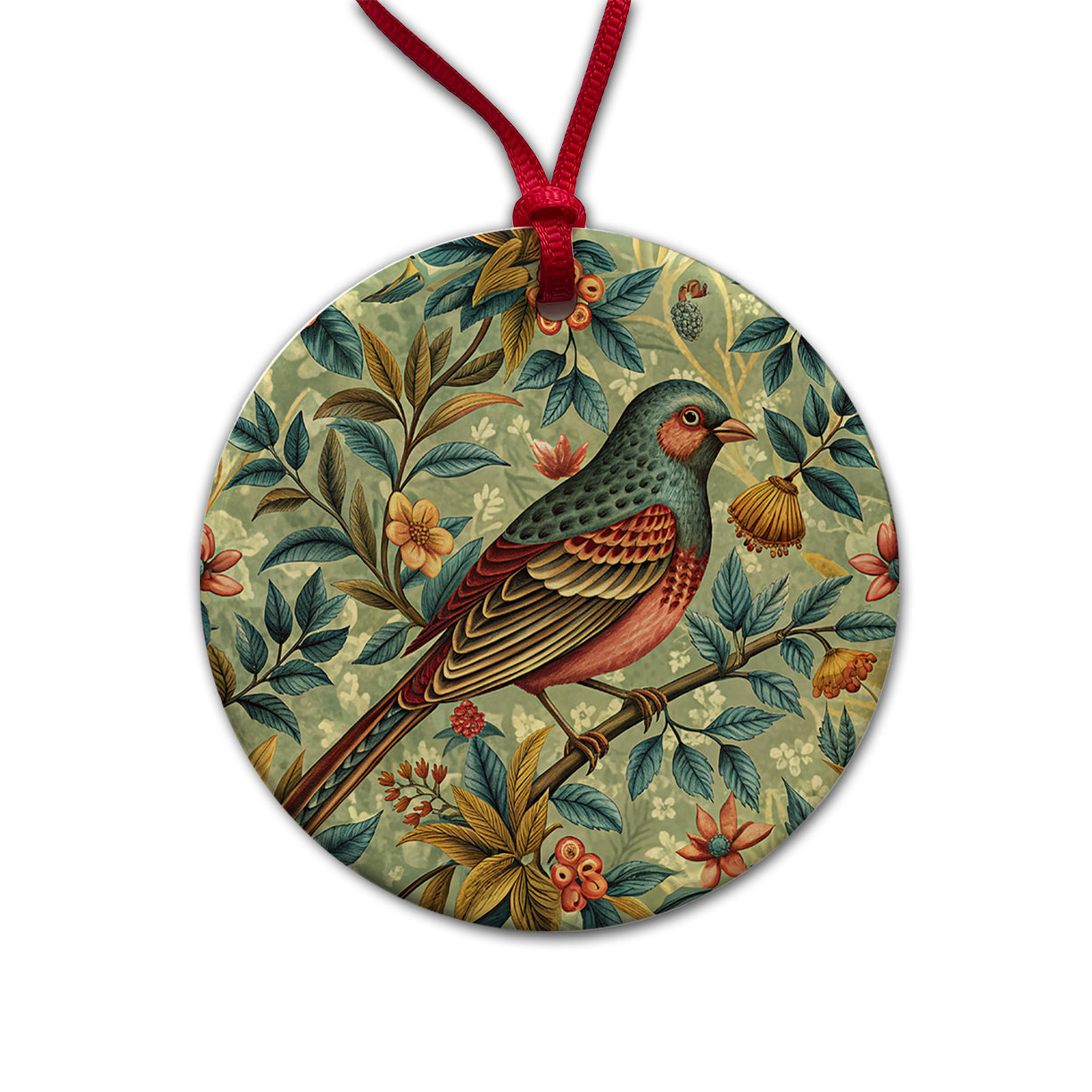 Vintage Retro Bird Floral Design Round Ceramic Holiday Christmas Tree Ornament