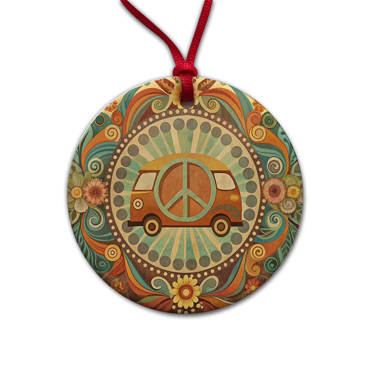 Vintage Retro Boho Hippie Van Peace Design Round Ceramic Holiday Christmas Tree Ornament
