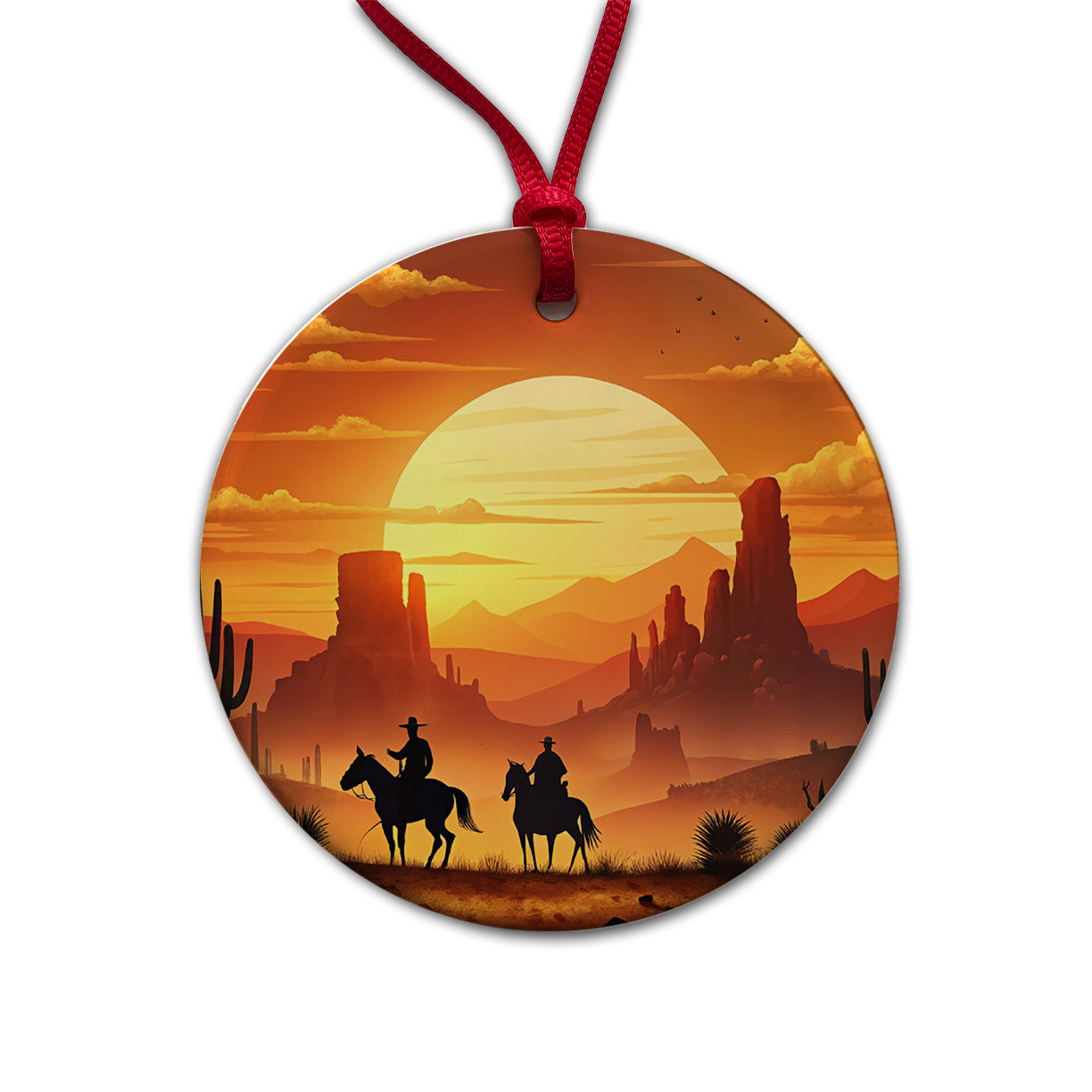 Wild West Sunset Silhouettes Southwest Landscape Round Ceramic Holiday Christmas Tree Ornament