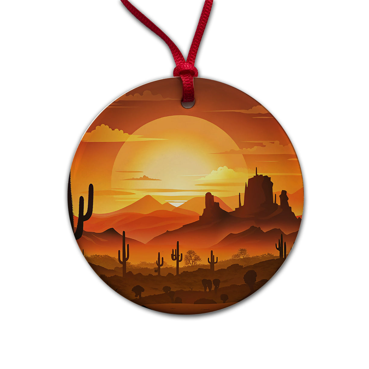 Wild West Sunset Southwest Landscape Silhouette Round Ceramic Holiday Christmas Tree Ornament