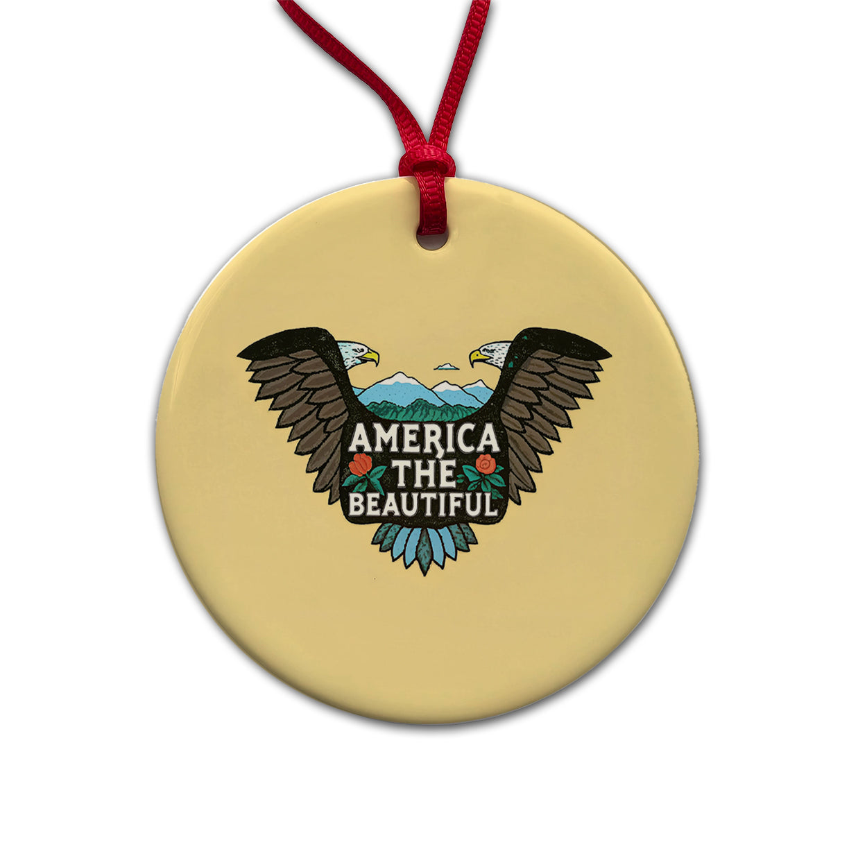America The Beautiful Eagle Wings USA Round Ceramic Holiday Christmas Tree Ornament