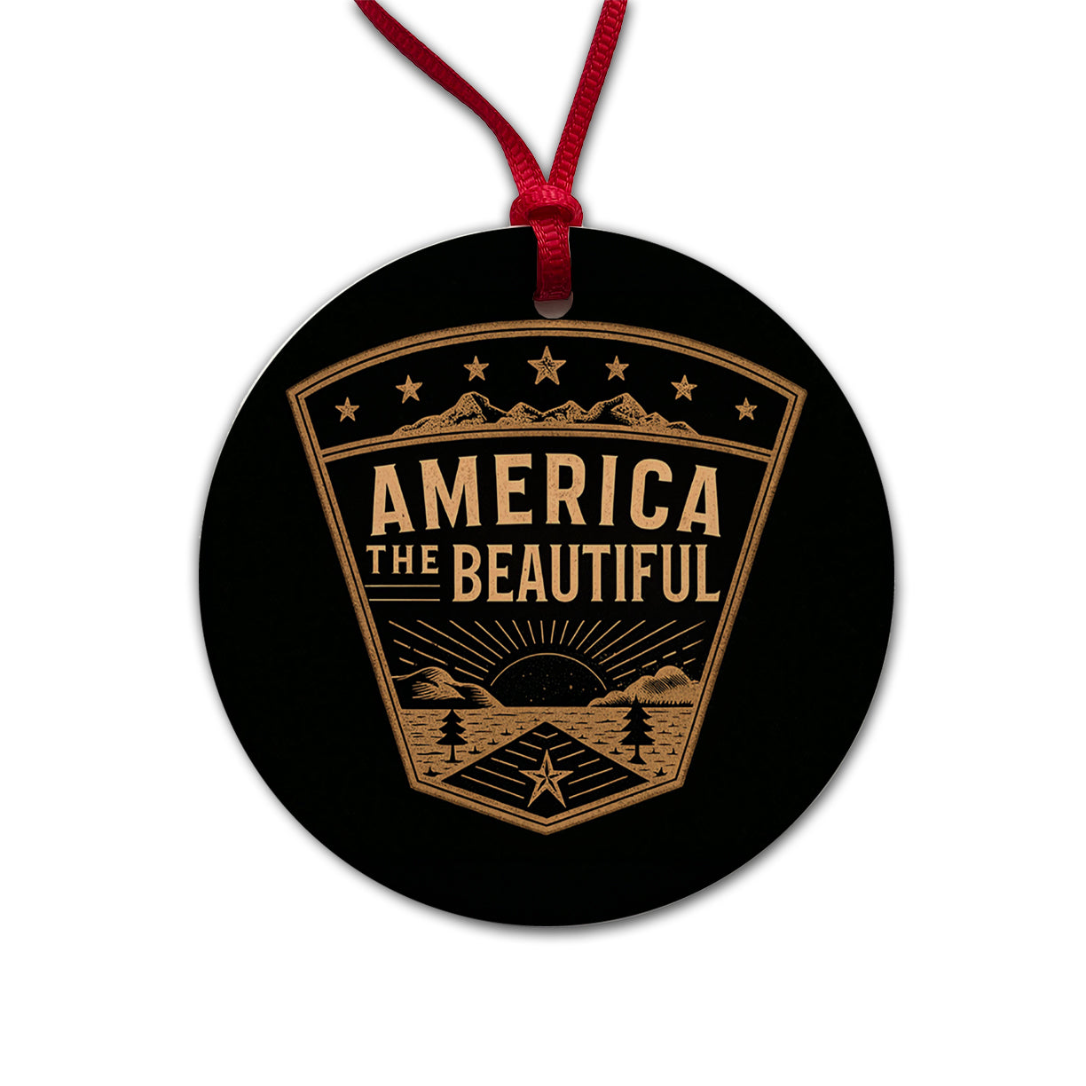 America The Beautiful United States USA Patriotic Black Tan Round Ceramic Holiday Christmas Tree Ornament