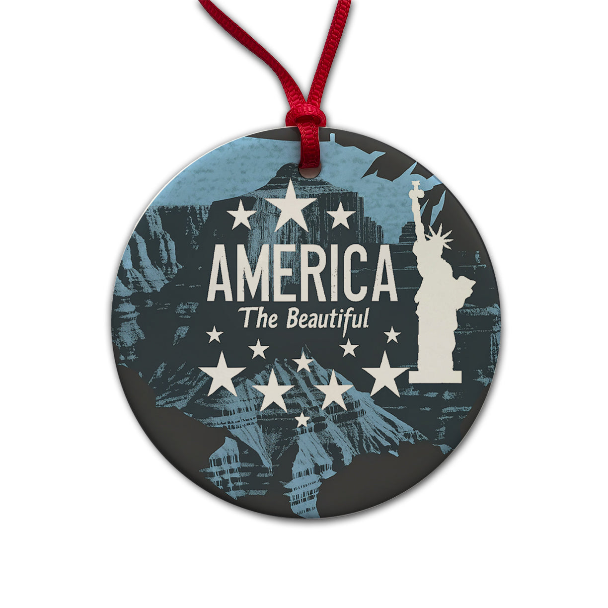 America The Beautiful United States USA Patriotic Statue of Liberty Round Ceramic Holiday Christmas Tree Ornament