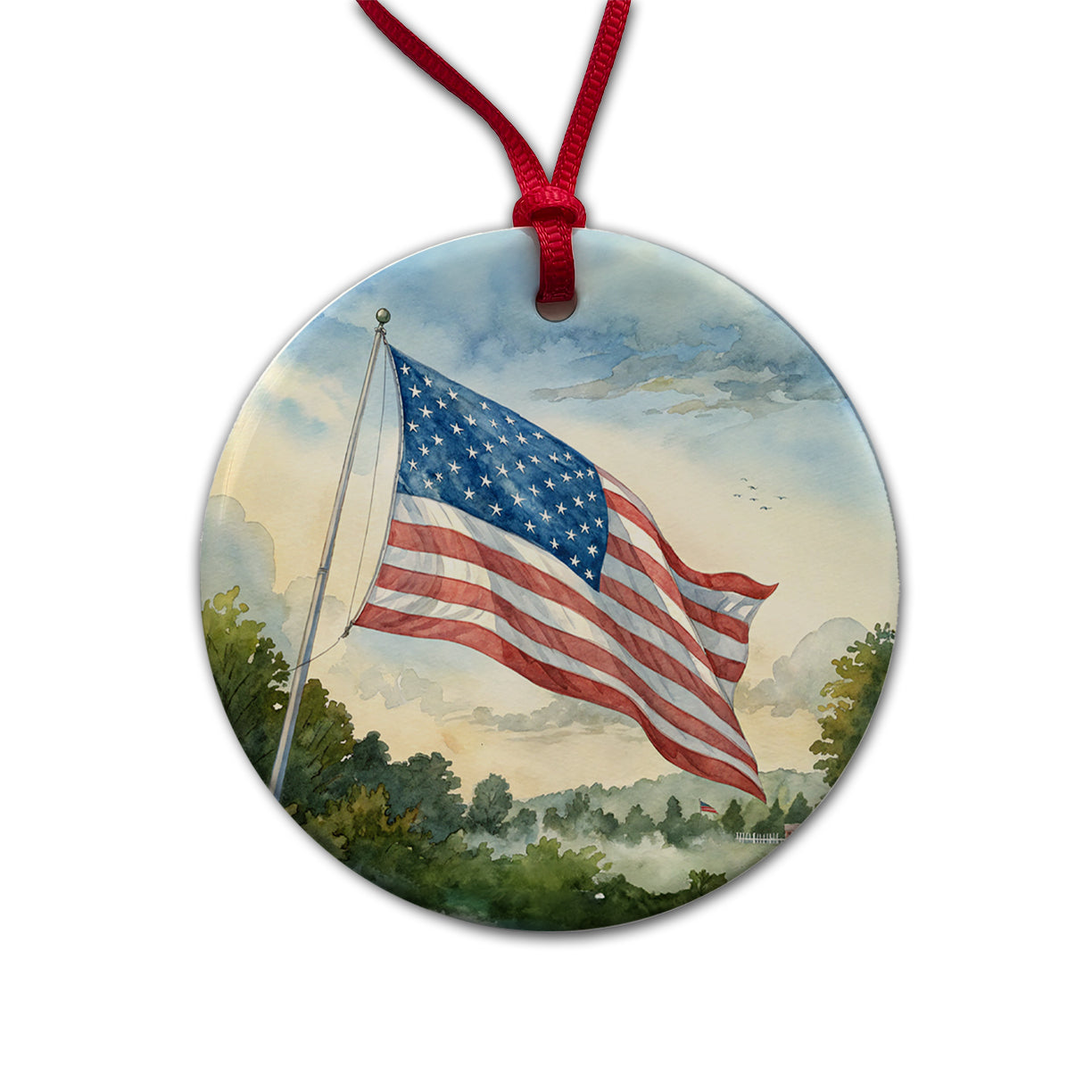 American Flag Waving Watercolor USA United States Round Ceramic Holiday Christmas Tree Ornament