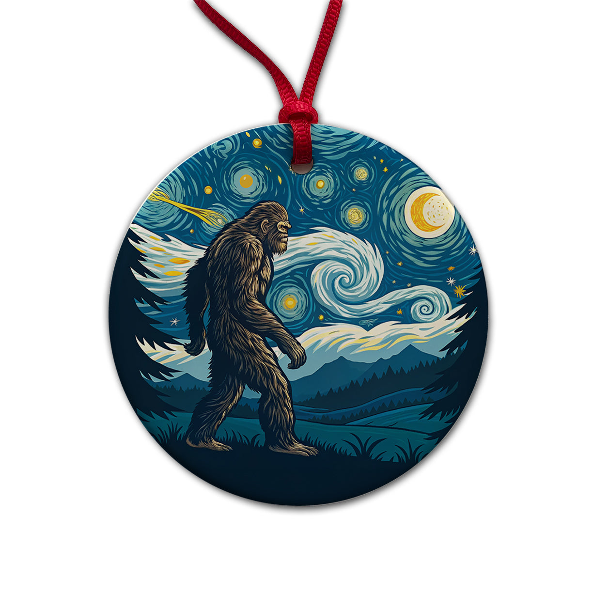Big Foot Van Gogh Starry Night Round Ceramic Holiday Christmas Tree Ornament