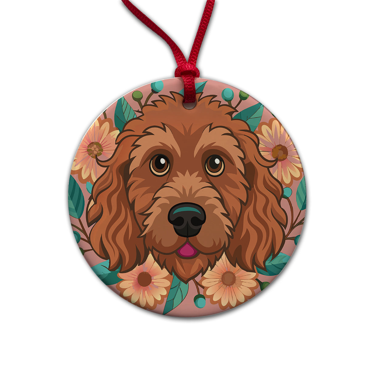 Brown Labradoodle Head Floral Motif Dog Pink Background Round Ceramic Holiday Christmas Tree Ornament
