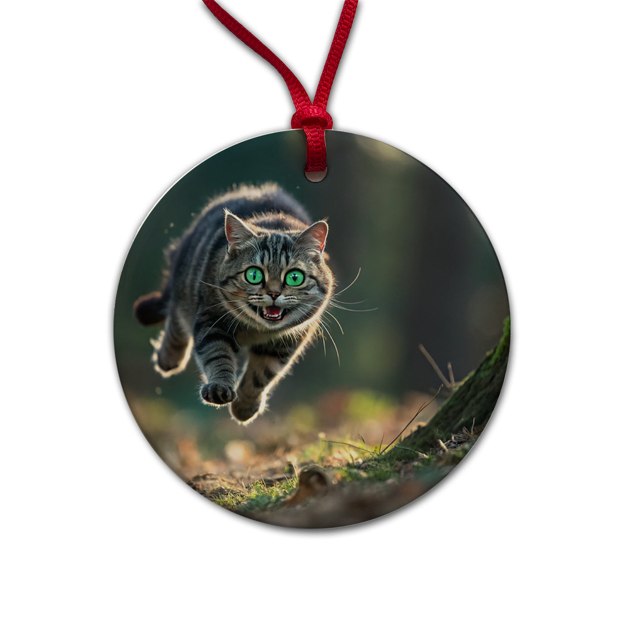 Cat Leaping Green Eyes Funny Round Ceramic Holiday Christmas Tree Ornament
