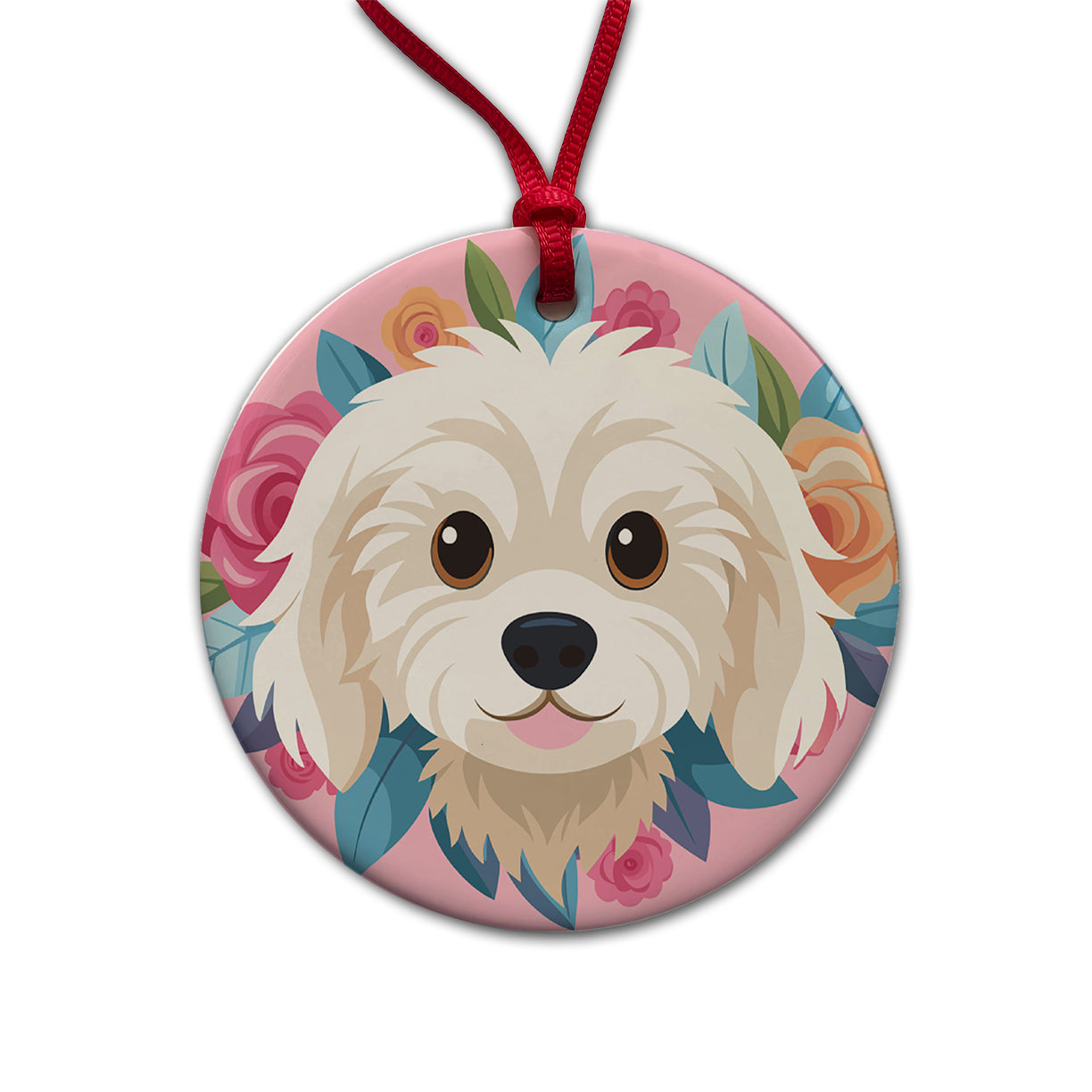 Cavachon Head Dog Floral Motif Pink Background Round Ceramic Holiday Christmas Tree Ornament