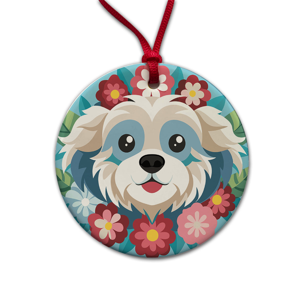 Cavachon Head Floral Dog Motif Blue Background Round Ceramic Holiday Christmas Tree Ornament