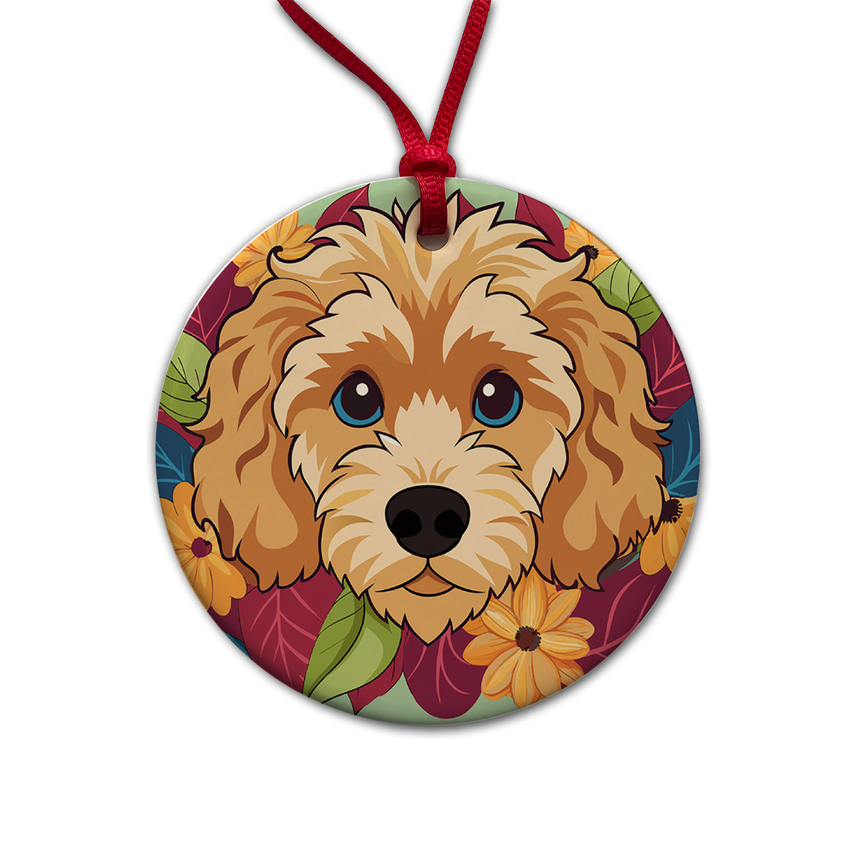 Cavapoo Head Floral Motif Dog Round Ceramic Holiday Christmas Tree Ornament
