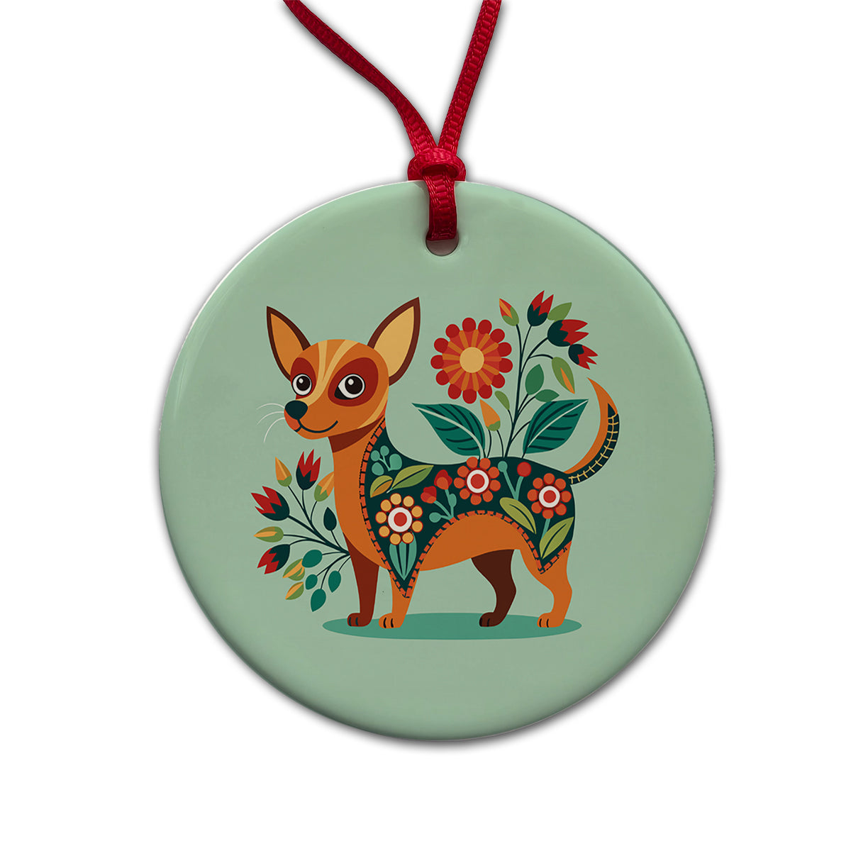 Chiweenie Floral Motif Cute Dog Round Ceramic Holiday Christmas Tree Ornament