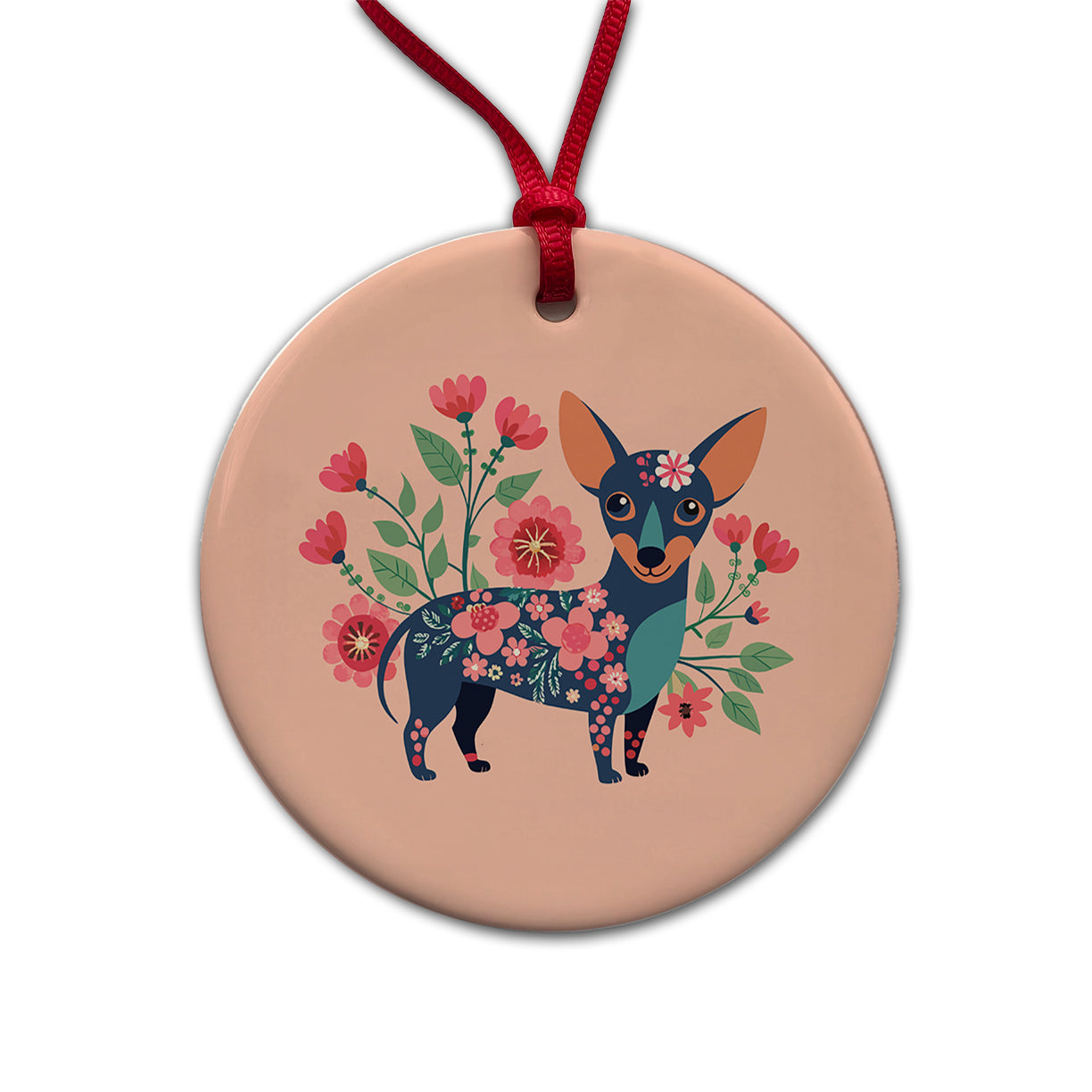 Chiweenie Floral Motif Pink Cute Dog Round Ceramic Holiday Christmas Tree Ornament