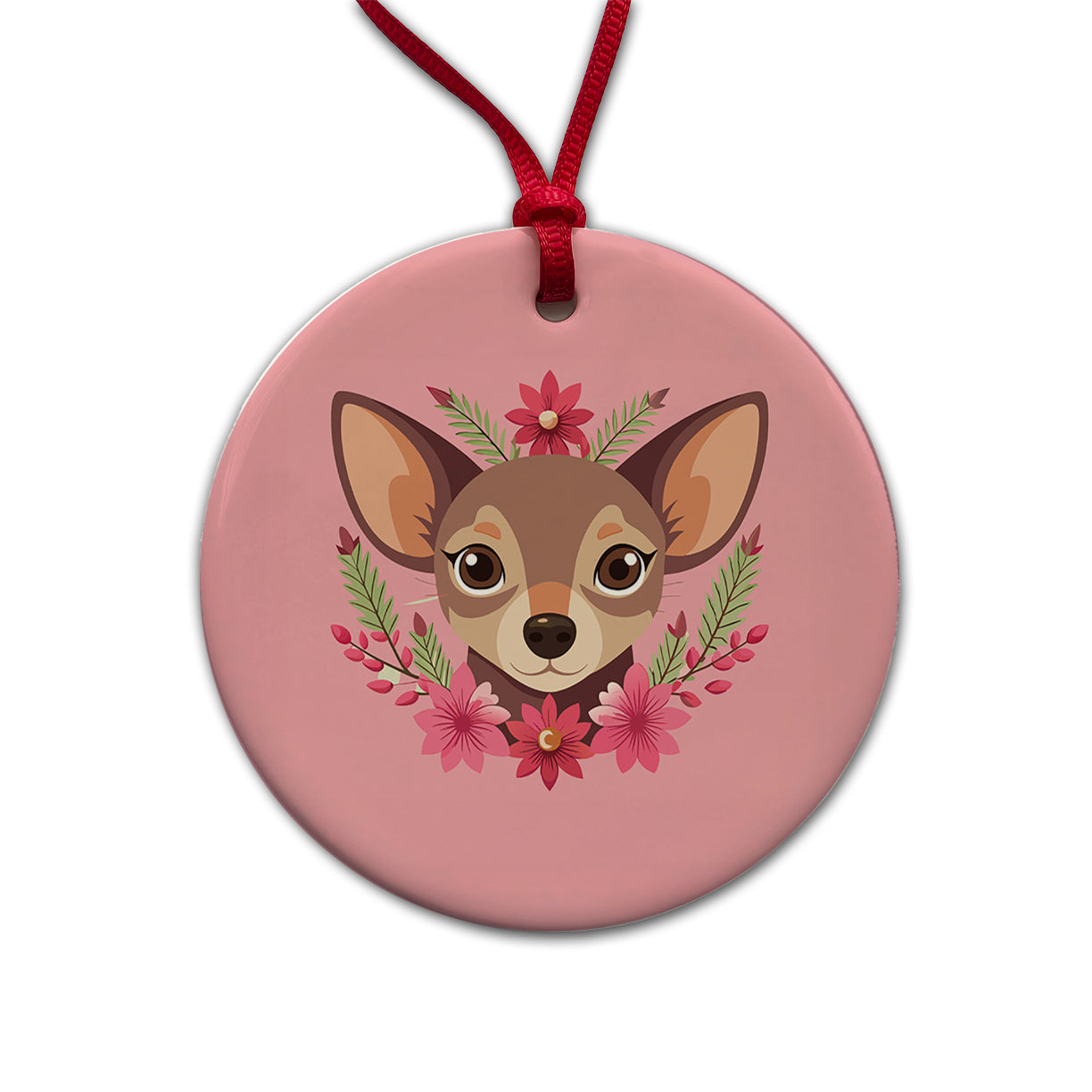 Chiweenie Head Floral Motif Pink Dog Round Ceramic Holiday Christmas Tree Ornament