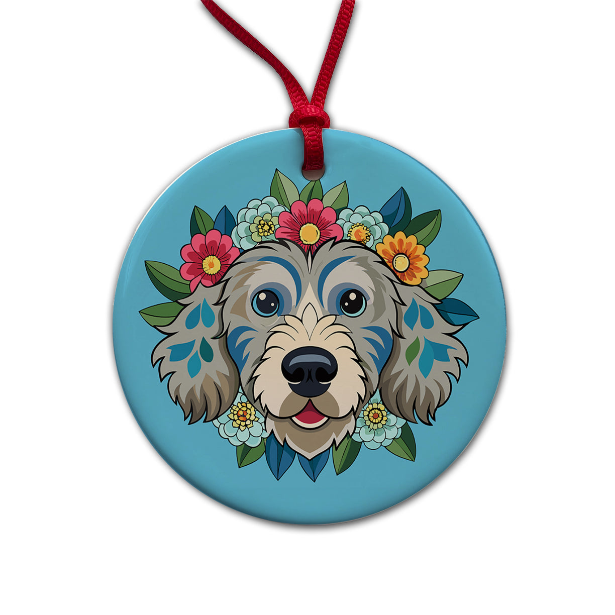 Cockapoo Head Floral Motif Light Blue Dog Round Ceramic Holiday Christmas Tree Ornament
