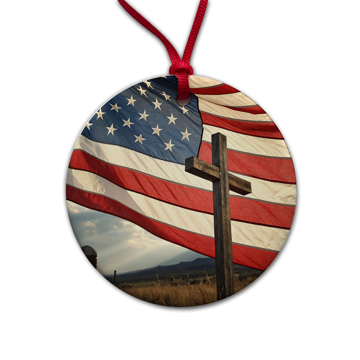 Cross Over American Flag USA United States Round Ceramic Holiday Christmas Tree Ornament
