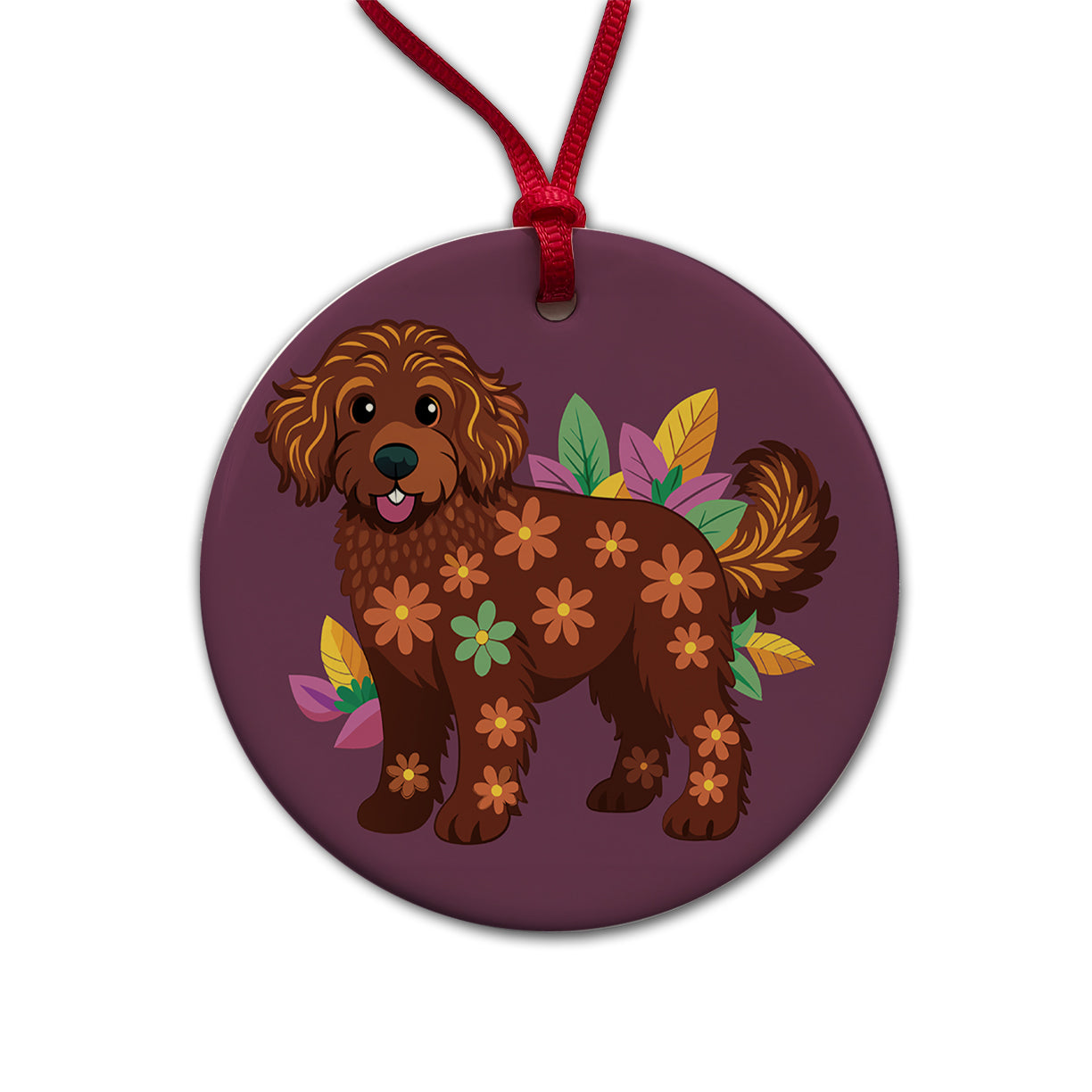 Dark Brown Golden Doodle Floral Motif Purple Dog Round Ceramic Holiday Christmas Tree Ornament