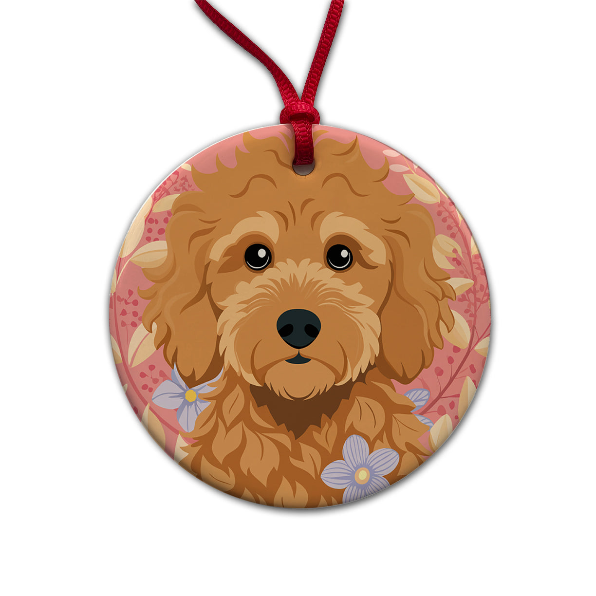 Golden Doodle Brown Head Floral Motif Pink Dog Round Ceramic Holiday Christmas Tree Ornament