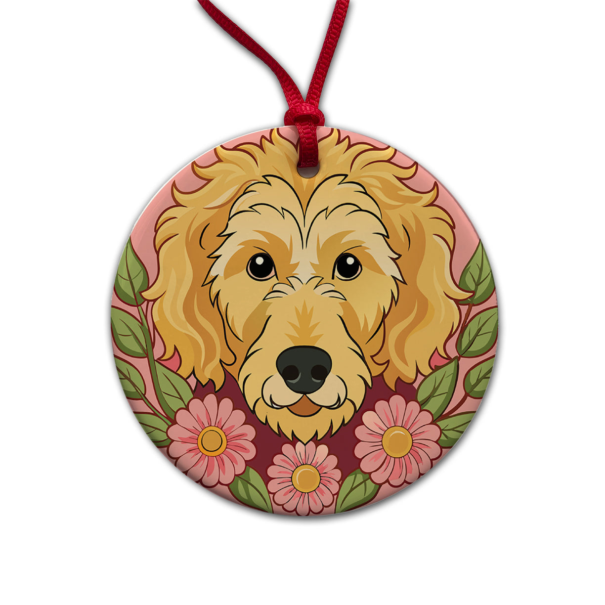 Golden Doodle Head Floral Motif Pink Dog Round Ceramic Holiday Christmas Tree Ornament