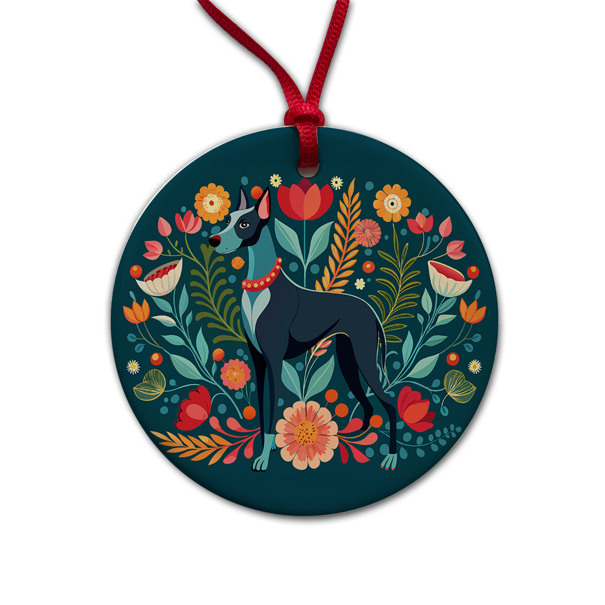 Great Dane Floral Motif Dog Round Ceramic Holiday Christmas Tree Ornament