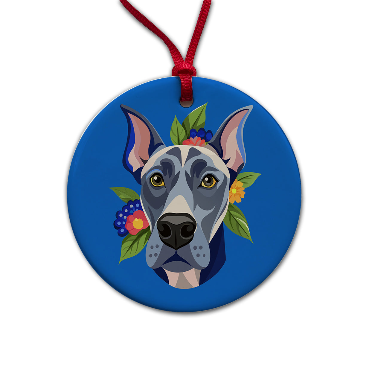 Great Dane Head Floral Motif Blue Dog Round Ceramic Holiday Christmas Tree Ornament