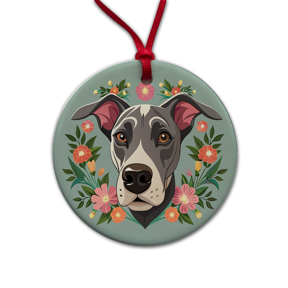 Great Dane Head Floral Motif Gray Dog Round Ceramic Holiday Christmas Tree Ornament