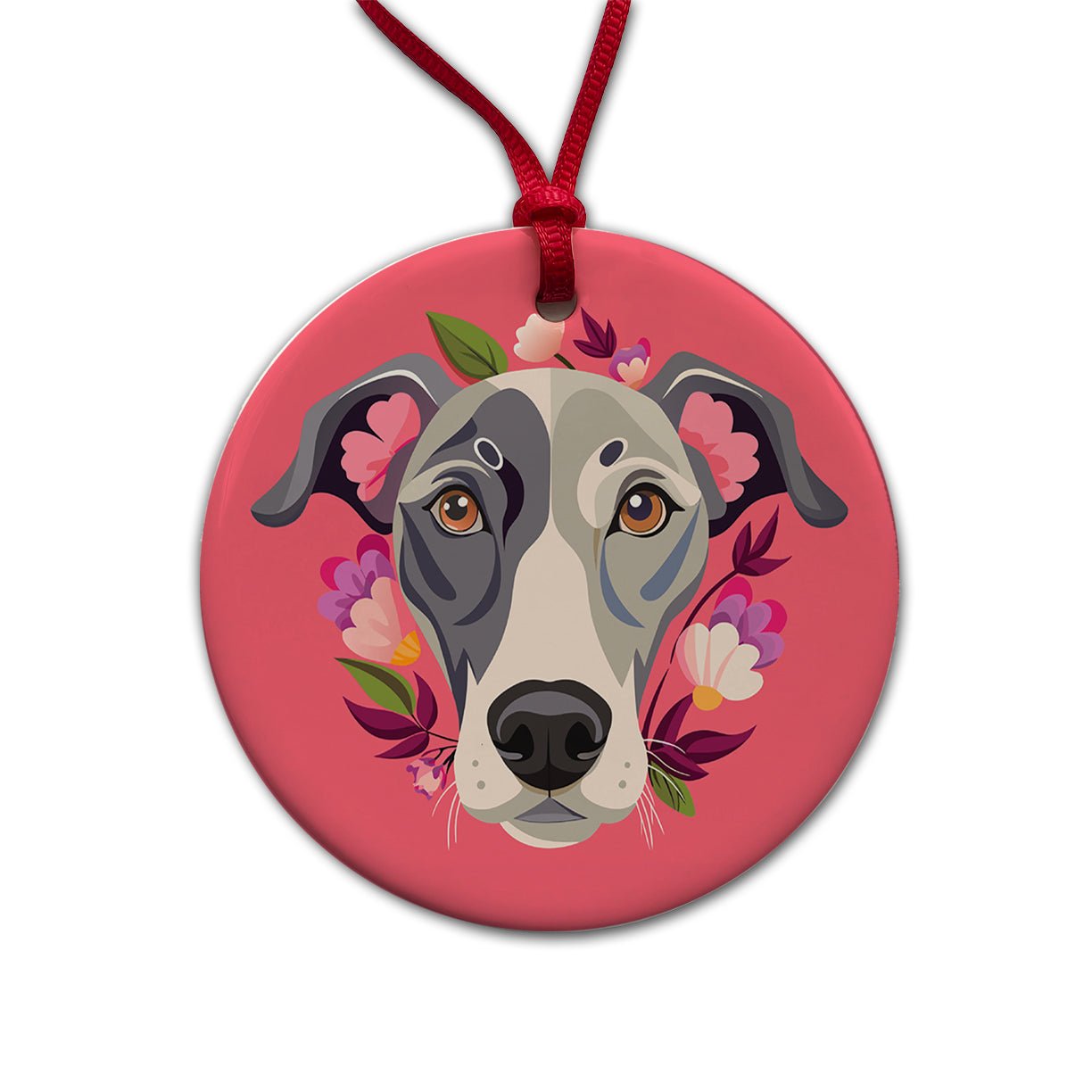 Great Dane Head Floral Pink Dog Round Ceramic Holiday Christmas Tree Ornament