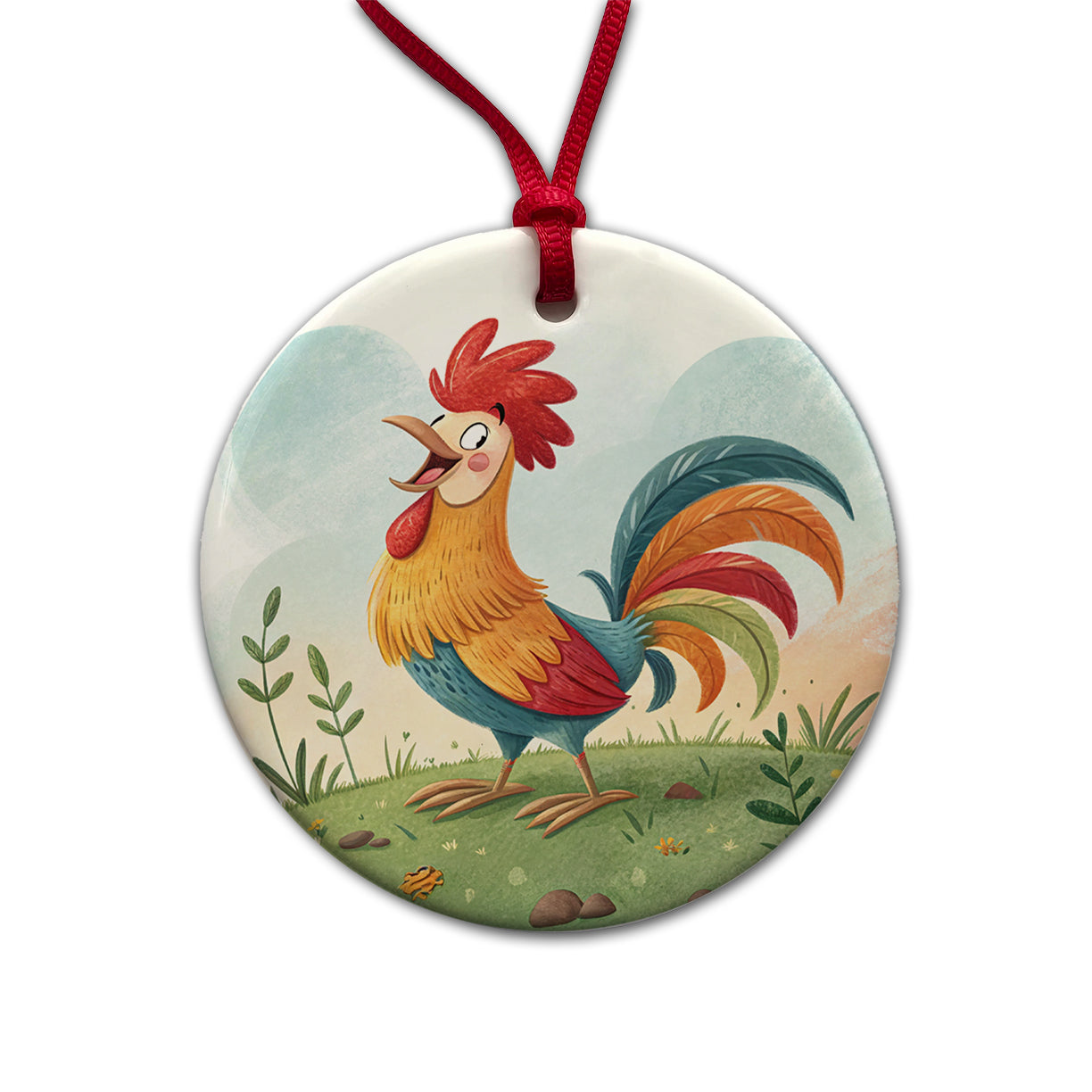 Happy Rooster Round Ceramic Holiday Christmas Tree Ornament