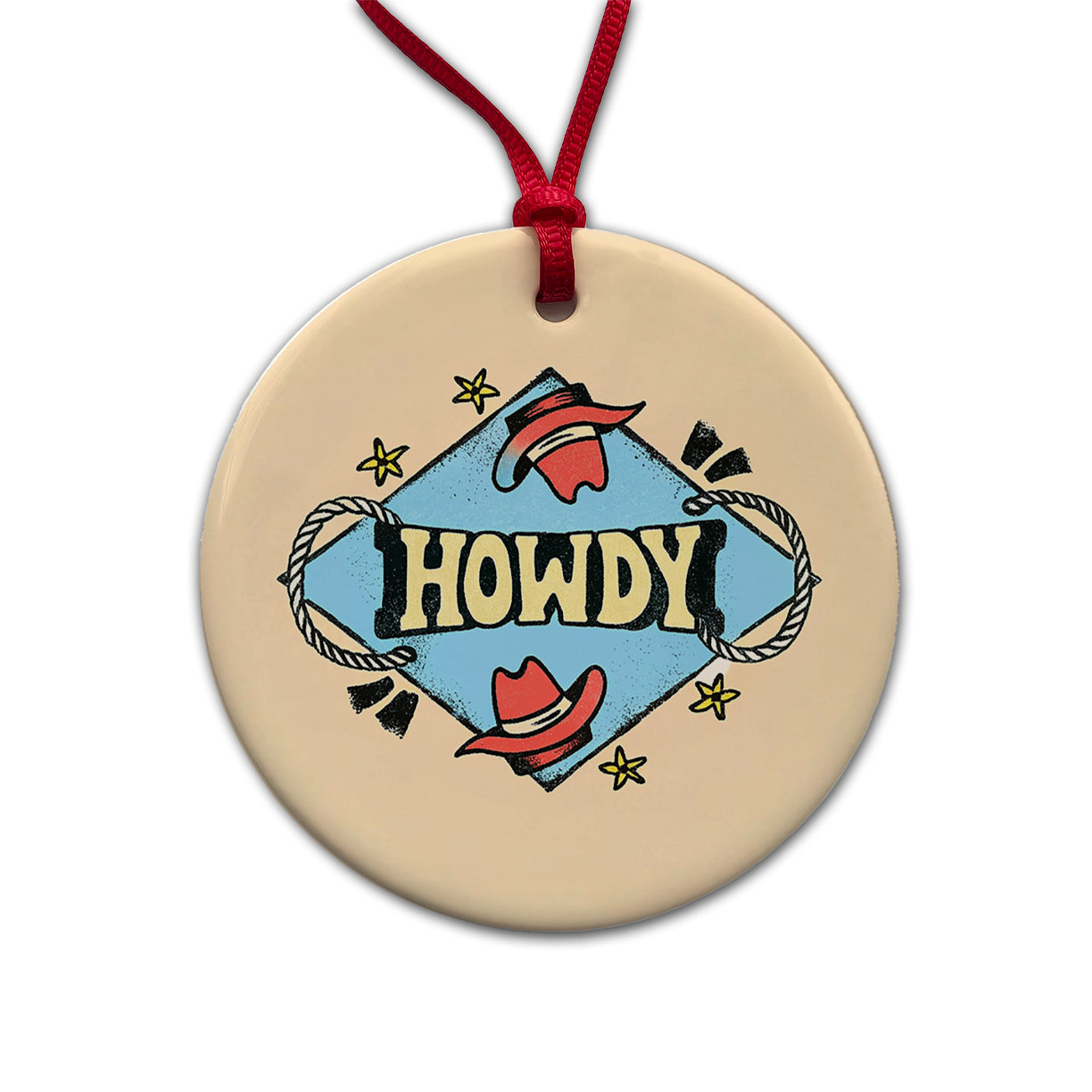 Howdy Country Cowboy Cowgirl Round Ceramic Holiday Christmas Tree Ornament