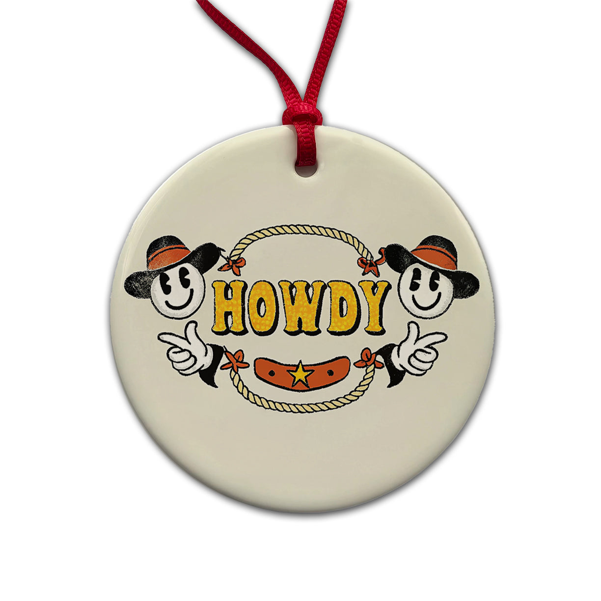 Howdy Funny Country Cowboy Cowgirl Round Ceramic Holiday Christmas Tree Ornament