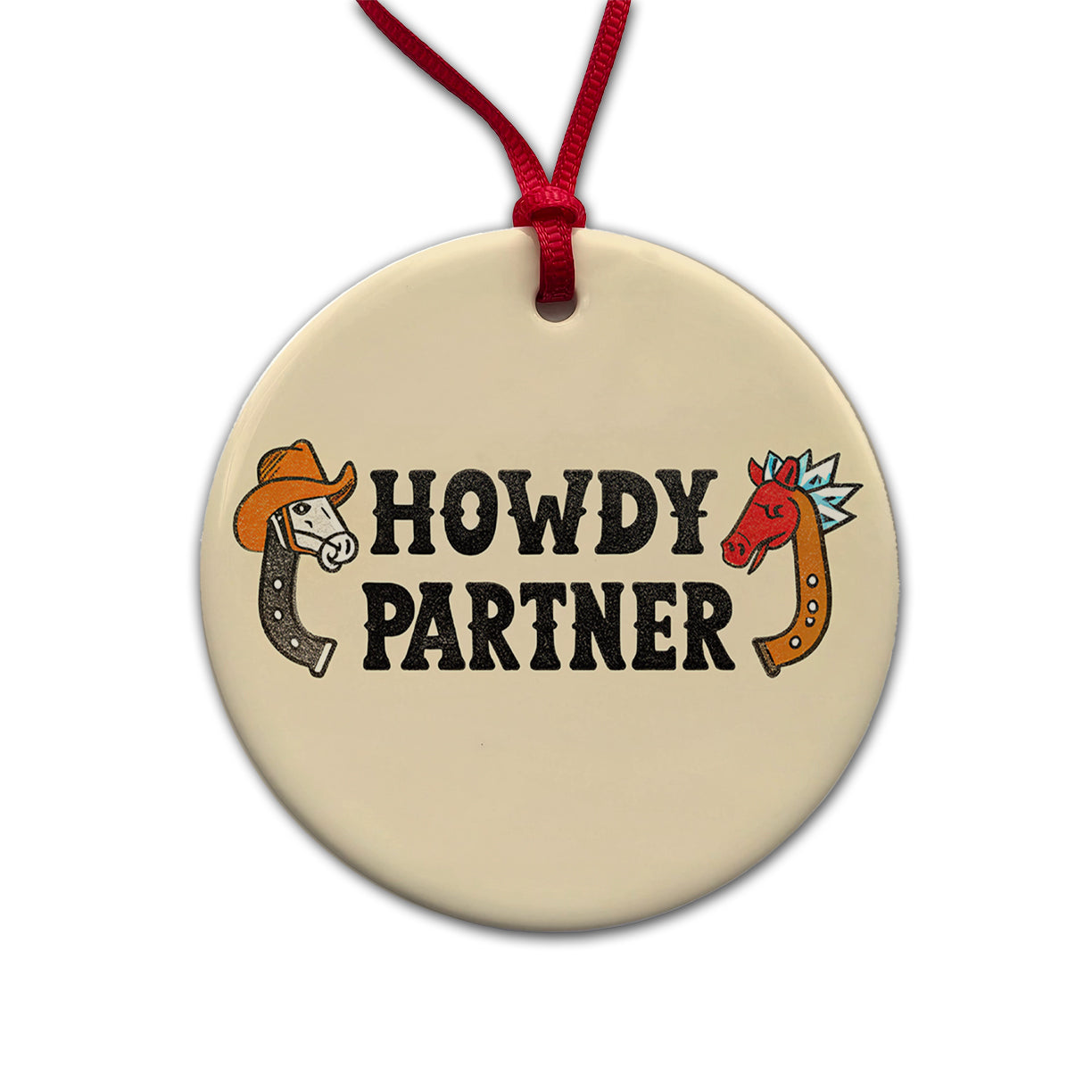 Howdy Partner Country Cowboy Cowgirl Cute Round Ceramic Holiday Christmas Tree Ornament