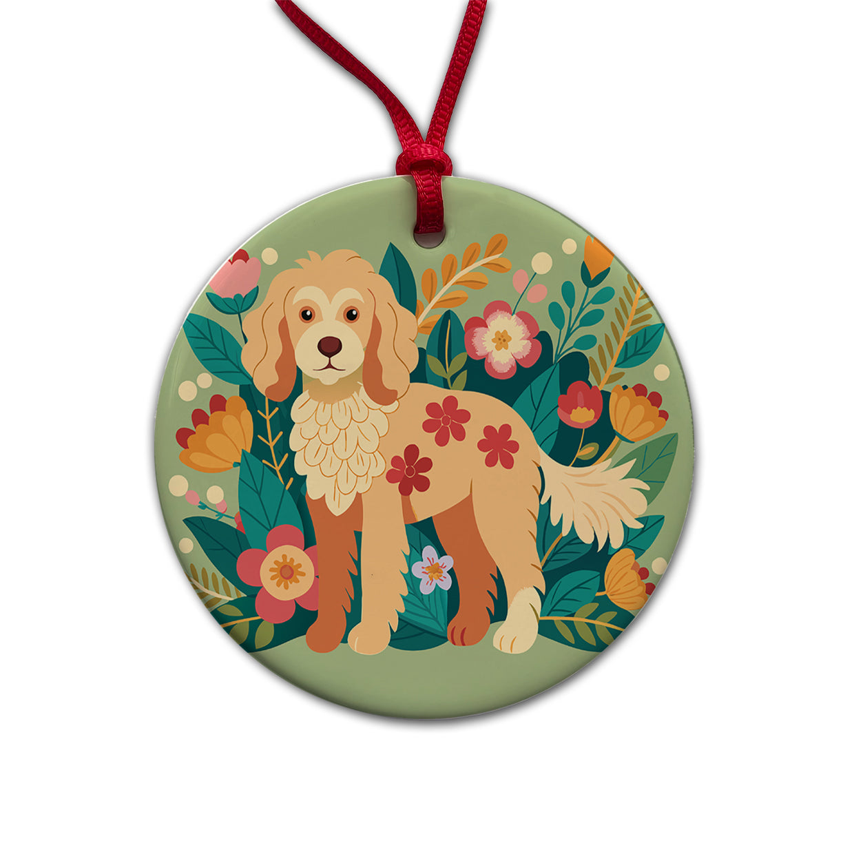 Labradoodle Floral Motif Dog Round Ceramic Holiday Christmas Tree Ornament