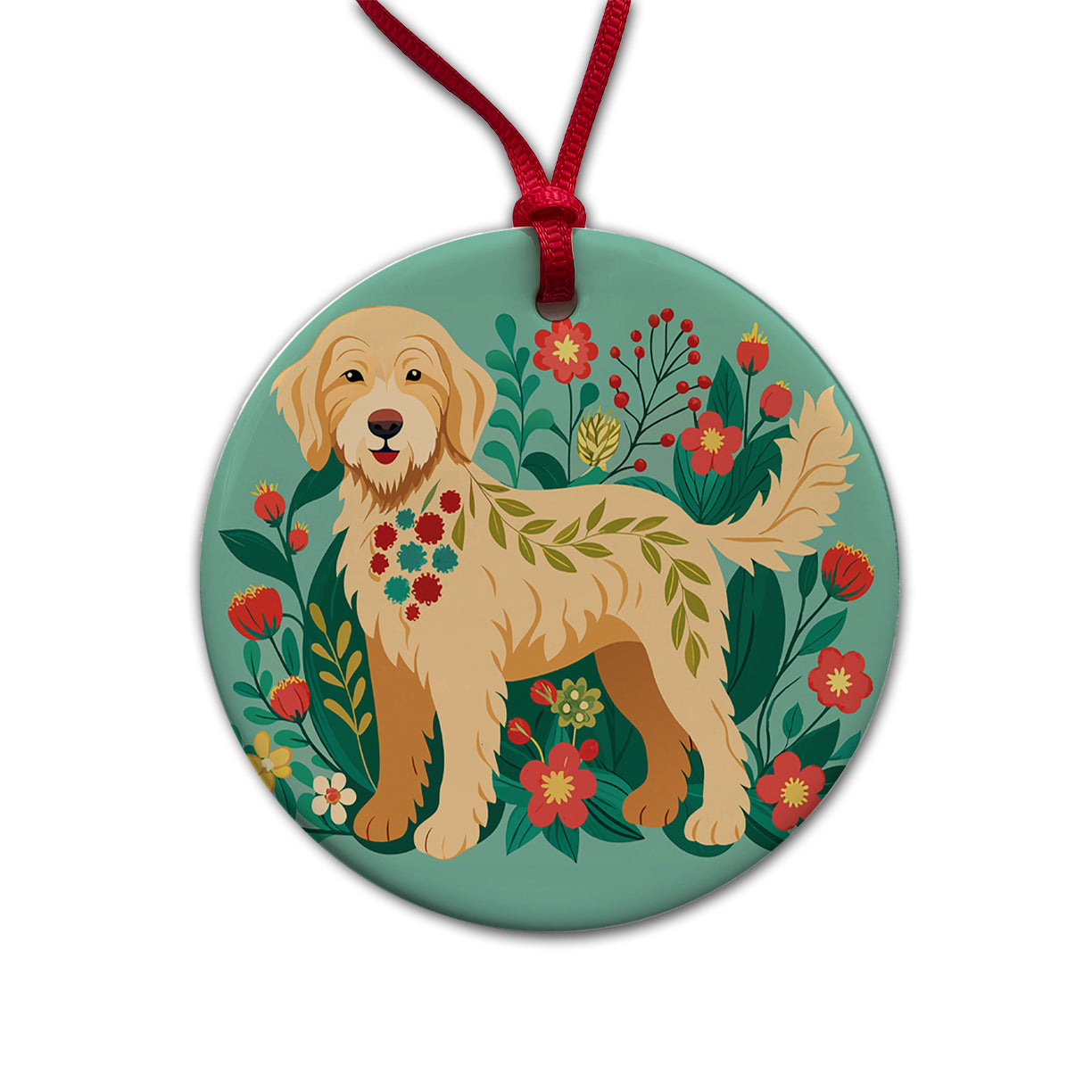 Labradoodle Floral Motif Tan Dog Round Ceramic Holiday Christmas Tree Ornament