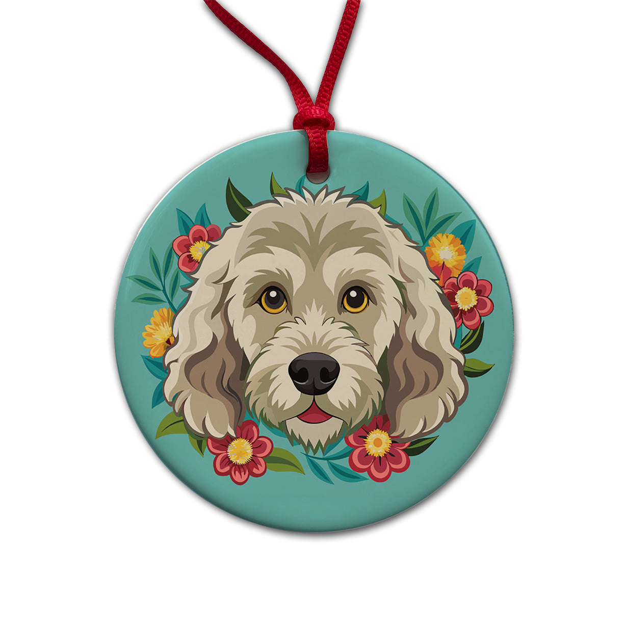 Labradoodle Head Floral Motif Dog Round Ceramic Holiday Christmas Tree Ornament
