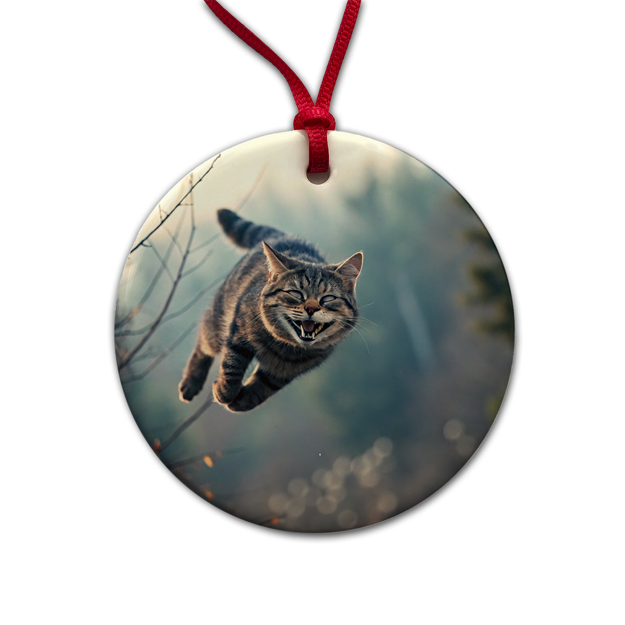Leaping Funny Cat Grinning Round Ceramic Holiday Christmas Tree Ornament