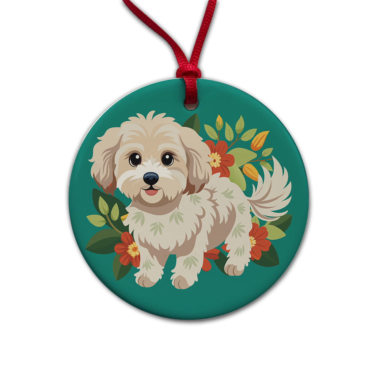 Maltipoo Floral Motif Dog Standing Round Ceramic Holiday Christmas Tree Ornament