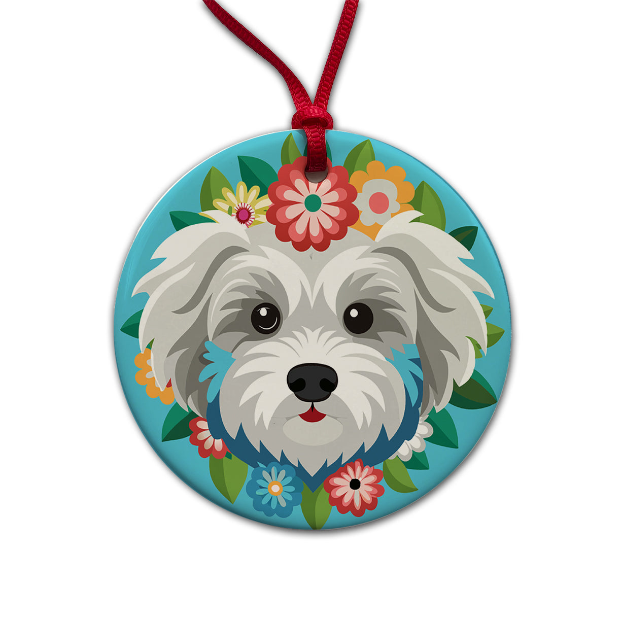 Maltipoo Head Floral Motif Blue Dog Round Ceramic Holiday Christmas Tree Ornament