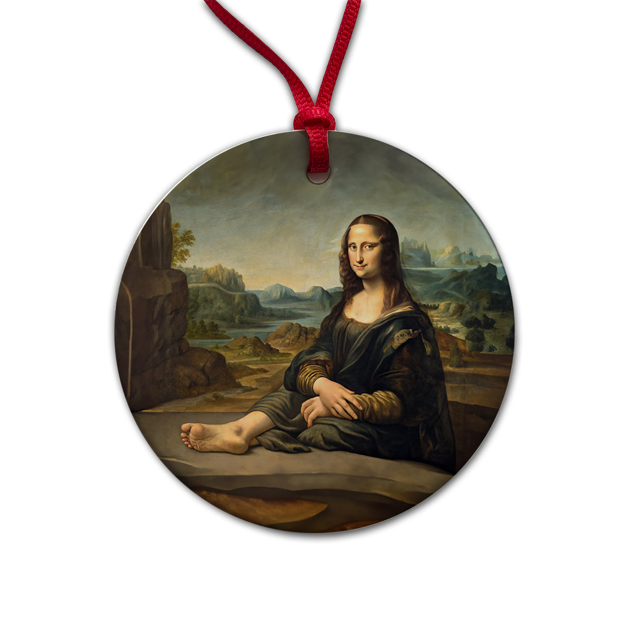 Mona Lisa With Foot Funny Round Ceramic Holiday Christmas Tree Ornament